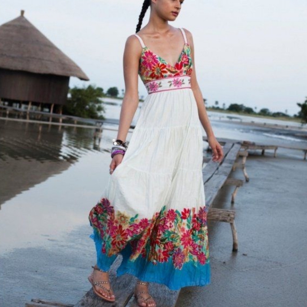 Rene Derhy Cotton Floral Boho Maxi Dress Size 6 Women White 110